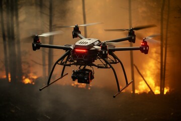 Drone equipped with fire extinguisher battles fires. Generative AI