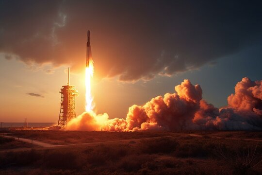 Rocket liftoff on launchpad with fiery backdrop. Generative AI