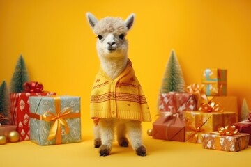 cute baby llama alpaca with christmas gift boxes on yellow background