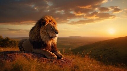 Male lion on the hill. against a sunset background - obrazy, fototapety, plakaty