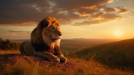 Poster Male lion on the hill. against a sunset background © MBRAMO