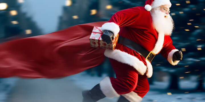 Santa Claus heroically running to urgently deliver gifts