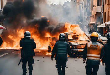 Police and firefighters walk towards the burning vehicle during a street riot. - obrazy, fototapety, plakaty
