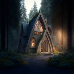 Magicians hut in a forest surrounding tolkien style airbnb realistic 5 Professional Architecture Render4 photorealistic 3D rendering highquality detailed accurate representation 3D Studio Max VRay  - obrazy, fototapety, plakaty