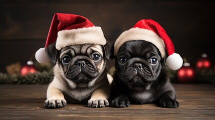 Cute Christmas card two baby pugs with Santa hats on. 