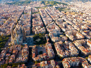 Aerial perspective of Eixample district in Barcelona, Spain, on autumn day