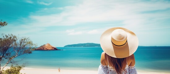 Fototapeta na wymiar Young woman, wearing hat and white dress, enjoying sea view.