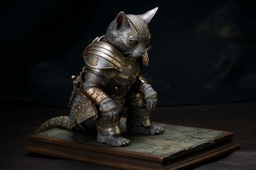 Armored cat knight kneeling. Generative AI