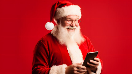 Naklejka premium santa claus smiling with mobile phone on red background
