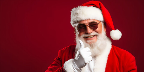 Fototapeta na wymiar santa claus smiling giving like with thumb up on red background