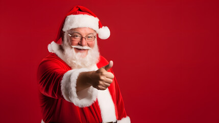 Fototapeta na wymiar santa claus smiling giving like with thumb up on red background