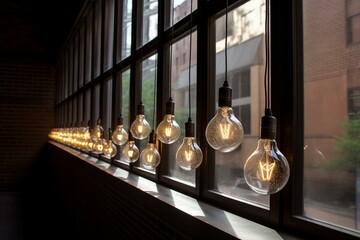 Fototapeta na wymiar a line of light bulbs on a wall near a window reflecting a building. Generative AI