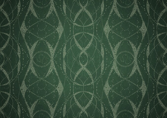 Hand-drawn unique abstract symmetrical seamless ornament. Bright green on a deep warm green with vignette of a darker background color. Paper texture. Digital artwork, A4. (pattern: p10-4b)