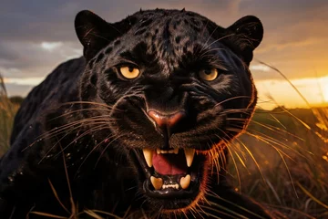 Poster Black panthers dark colored individuals of the genus Panthera, family of cats, black predatory wild animal, powerful fast animal, aggressive . © Alla