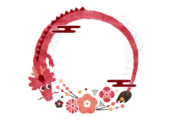 龍とお正月飾りの水彩フレーム（丸枠）