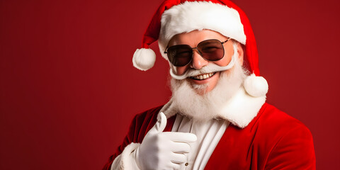 santa claus smiling giving like with thumb up on red background - obrazy, fototapety, plakaty