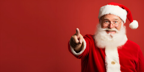 santa claus smiling pointing with finger on red background