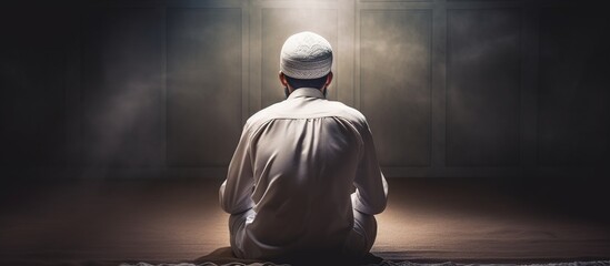 Rear view of Muslim man praying to god