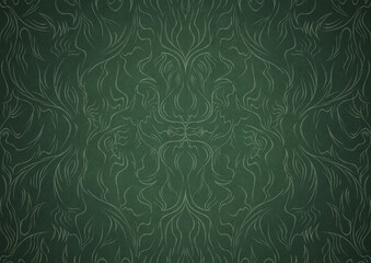 Hand-drawn unique abstract symmetrical seamless ornament. Bright green on a deep warm green with vignette of a darker background color. Paper texture. Digital artwork, A4. (pattern: p11-1a)