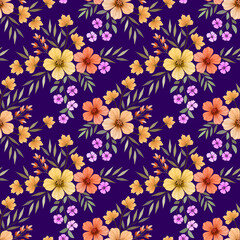 Fototapeta na wymiar blooming colorful flowers and leaf on purple color background seamless pattern. Can be used for fabric textile wallpaper.