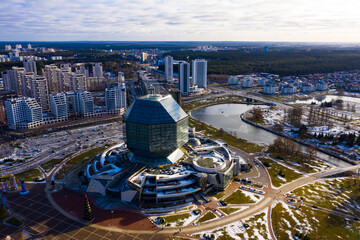 Aerial view of important architectural monument of Minsk - National Library of Belarus on winter day
