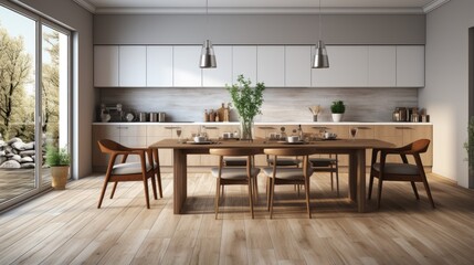 minimalist kitchen with laminate flooring and white walls furnished with a table