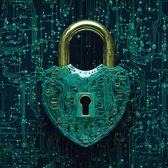 A padlock in the shape of a heart with circuit board pattern on binary code, symbolizing dating platform data security and protection, Created with Generative AI Technology