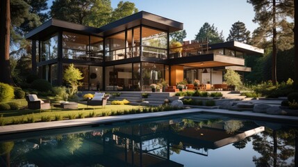 Obraz premium Modern house has a beautiful lawn in front of the house and swimming pool