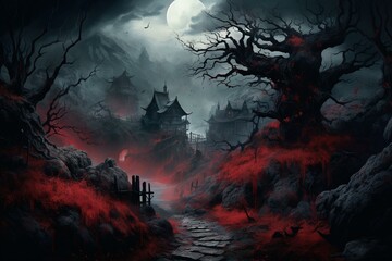 Eerie village in a wooded mountain, with a creepy crimson tree, mist, and a fantasy witch. Generative AI