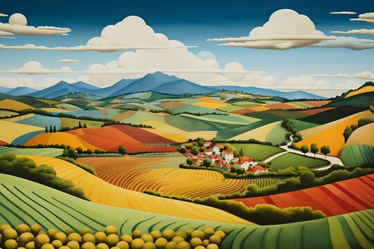 painting showing agricultural fields extending to far hills. Generative AI
