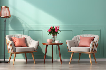 Interior design of modern living room with two armchairs, coffee table, Empty wall, Mint color