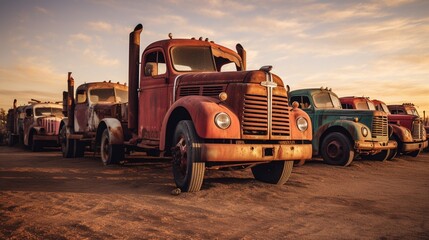 Rustic Rigs: Explore the aging beauty of vintage semi-trucks in a classic truck graveyard. Use creative angles and lighting to showcase the textures, colors, and history that these retired giants hold - obrazy, fototapety, plakaty