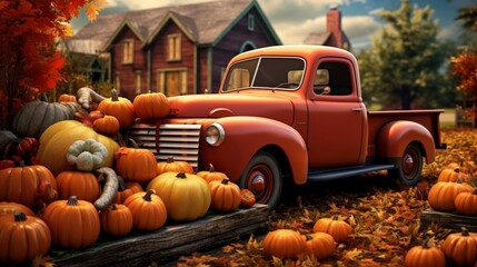 A charming autumn scene with a pickup truck overflowing with pumpkins, set against a backdrop of vibrant fall foliage. - obrazy, fototapety, plakaty