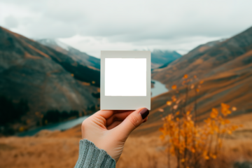 Female hands holding tiny instant polaroid film in blank with amazing panoramic view in the mountain