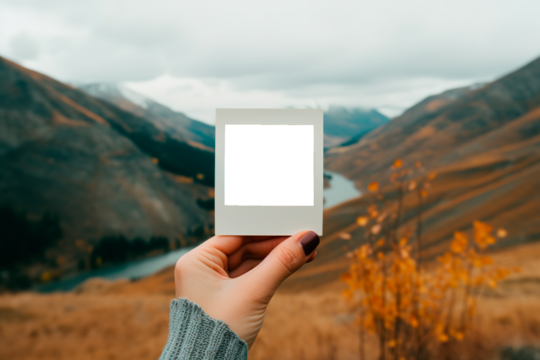 Female hands holding tiny instant polaroid film in blank with amazing panoramic view in the mountain - Powered by Adobe