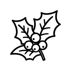 Christmas holly berry leaves icon. Black contour of Christmas holly berry leaves.