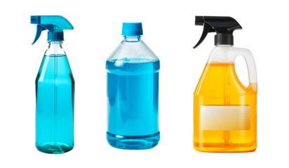 Cleaning products set in spray bottles over white transparent background
