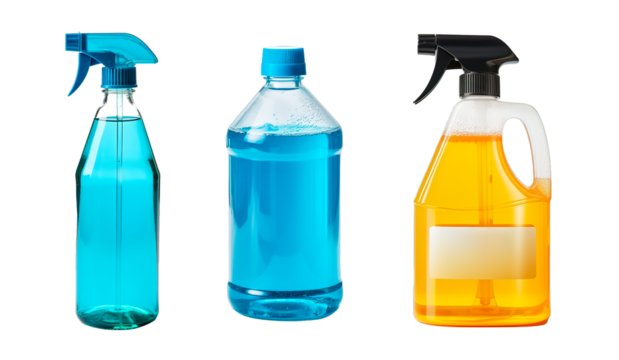 Cleaning products set in spray bottles over white transparent background