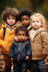 Autumnal portrait of multi ethnic diverse group of toddler. Vertical shot