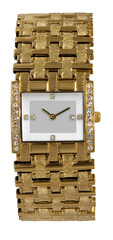Luxury square golden women wrist watch with diamonds isolated on transparent png background.