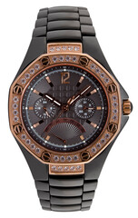 Octagonal luxury black and chrome gold wrist watch men with diamonds isolated on png transparent background.