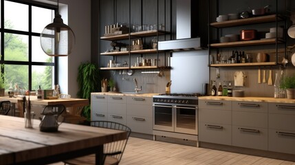 Modern kitchen interior with cooktop and chimney above the stove - obrazy, fototapety, plakaty
