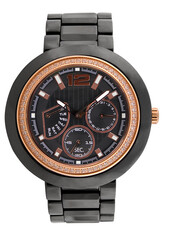 Black circle wrist watch covered by diamond, chrome and gold isolated on transparent PNG format.
