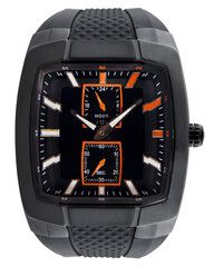 Rectangular black and orange Men wrist sport watch isolated on transparent png background