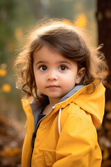 Innocent adorable Latin American toddler girl wearing rain jacket with autumn landscape as background