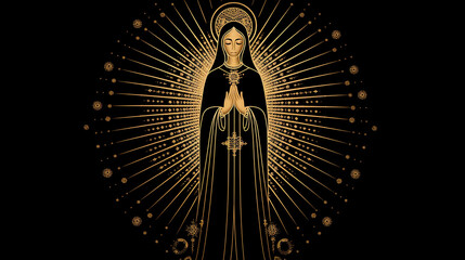Nossa senhora aparecida, simbolo da fé cristã católica , linhas douradas em fundo preto 
