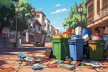 A heap of trash in a deserted urban landscape with plastic waste bins, garbage cans, colored boxes for waste sorting. Generative AI - obrazy, fototapety, plakaty