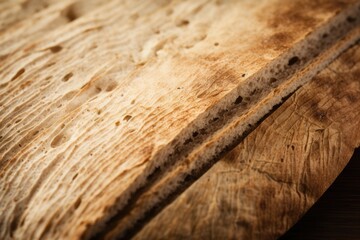Closeup of a large piece of unleavened bread, textured with finely etched lines, symbolizing the sinless and perfect nature of Jesus.
