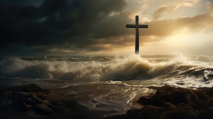 A powerful image of a stormy beach with dark clouds and crashing waves. In the midst of the chaos, there are two sets of footprints leading to the cross, representing the unwavering presence