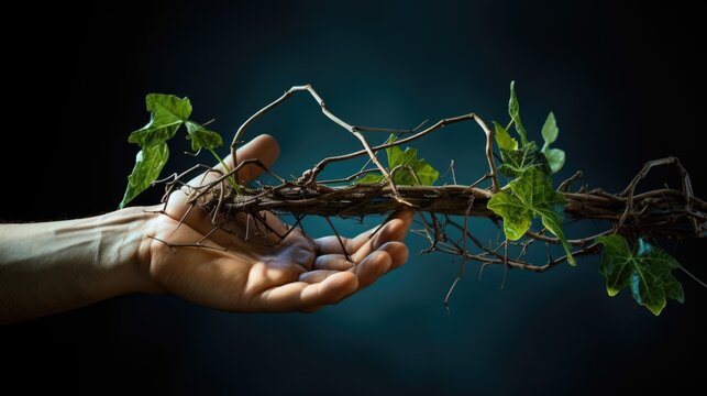 Concept photo of a hand holding a of gs with one g removed, highlighting the connection between Jesus, the vine, and his followers as the branches.